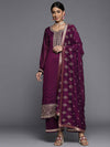 Libas Purple Embroidered Silk Blend Straight Kurta With Palazzos & Dupatta