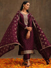 Libas Purple Embroidered Silk Blend Straight Kurta With Trousers & Dupatta