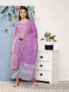 Libas Purple Printed Cotton Straight Kurta With Palazzos & Dupatta