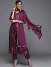 Libas Purple Self Design Silk Straight Kurta With Dupatta