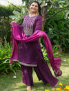 Libas Purple Yoke Design Silk Blend Straight Kurta With Sharara & Dupatta