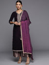 Libas Purple Yoke Design Velvet Straight Kurta With Dupatta - L