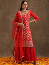 Libas Red Embroidered Silk Blend Straight Kurta With Sharara & Dupatta