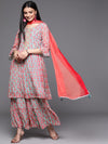 Libas Sea Green Printed Georgette A-Line Kurta With Sharara & Dupatta - L