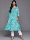 Libas Turquoise Blue Printed Rayon A-Line Kurta