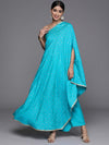 Libas Turquoise Blue Printed Silk Blend Kaftan Kurta With Trousers