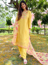 Libas Yellow Yoke Design Silk Blend Straight Kurta With Trousers & Dupatta